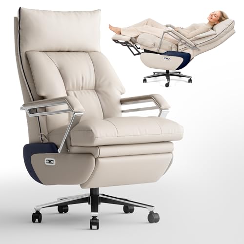 OKUP M80A Dual Motor Electric Executive Office Chair with Footrest, Comfortable Reclining Office Chair Wide Seat, Big and Tall Ergonomic Leather Home Office Desk Chair (Beige,No Massage) OKUP
