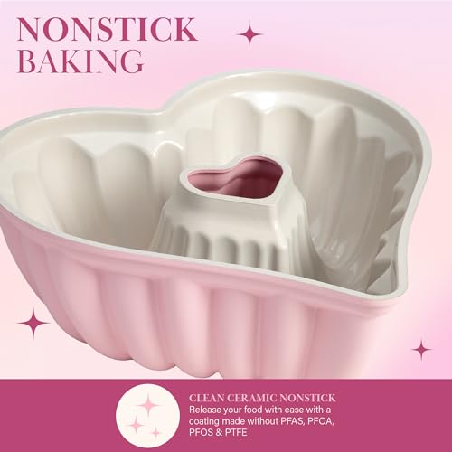 Paris Hilton Heart Shaped Fluted Cake Pan, Cast Aluminum with Clean Ceramic Nonstick Bakeware, Dishwasher Safe, Made without PFAS, PFOA, PFOS & PFTE, 9-Inch, Pink Paris Hilton