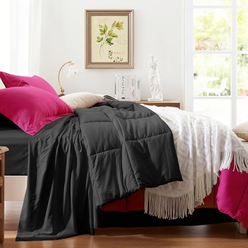 Anluoer King Comforter Set,Hot Pink&Black Bed in a Bag 7 Piece,Lightweight Bedding Set with Soft Down Alternative Fill,Bed Set Includes Comforter, Fitted Sheet, Flat Sheet,Pillowcases and Shams Anluoer