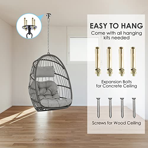 Brafab Wicker Rattan Hammock Egg Swing Chair with Hanging Chain, Aluminum Frame and UV Resistant Cushion, Indoor Outdoor Bedroom Patio Porch Foldable Camping Chair (Without Stand) Brafab