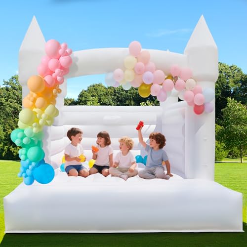 14FT 2 in 1 Inflatable Bounce House & Play Basketball, 100% Commercial Grade Thickening PVC Large Bouncy House Castle with Air Blower & Balloons & Basketball for Birthday Party,Wedding (White, 14 FT) Yorkgargen