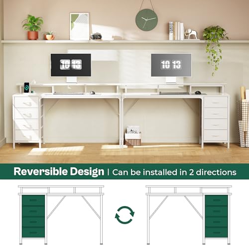 Huuger 55 Inch Computer Desk with Power Outlets and LED Lights, Gaming Desk with 4 Drawers, Office Desk with Monitor Stand, Study Desk Work Desk for Home Office, White Huuger