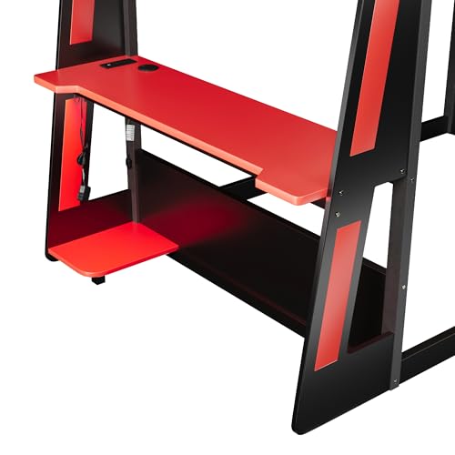 FUvellamo Full Over Full Gaming Bunk Bed with Desk and LED Light,Full Size Wooden Loft Bed Frame with Two Storage Shelves and USB,Esports Design for PC & Console Gamers, Black Red FUvellamo