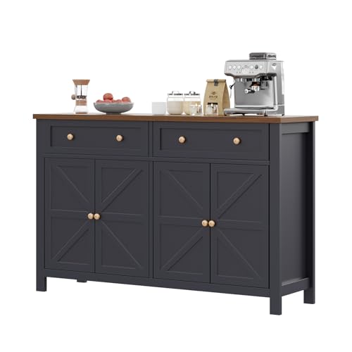 Cakhdry 55" Sideboard Buffet Cabinet with Storage, Large Kitchen Storage Cabinet with 2 Drawers and 4 Barn Doors, Farmhouse Coffee Bar Buffet Table for Kitchen Living Room Room, Black Cakhdry