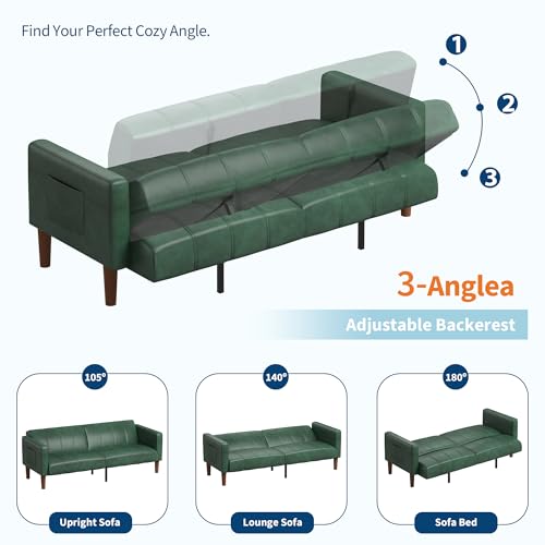 GarveeHome Futon Sofa Bed, 75-Inch Modern Faux Leather Convertible Couch, Mid-Century Loveseat for Small Space, Living Room, Bedroom, Green GarveeHome