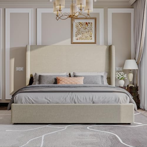 AMERLIFE Lift Up Storage Bed King Size Linen Upholstered Platform Bed Frame, Hydraulic Storage,Modern Wingback Headboard, No Box Spring Needed, Khaki AMERLIFE
