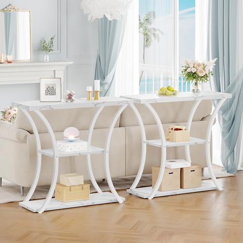 Hoctieon 3 Tier Console Table with Open Wood Shelves, Decorative Entryway Table with Curved Metal Frames, Narrow Sofa Table for Entrance, Living Room, Hallway, White Marbled Hoctieon