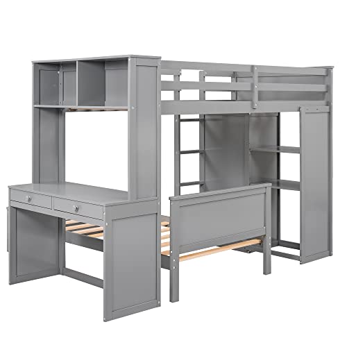 Harper & Bright Designs Twin Over Twin Bunk Bed with Desk, Drawers and Wardrobe, Wooden Loft with Stand-Alone Bed and Shelves for Kids Teens, Grey Harper & Bright Designs