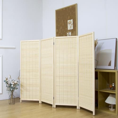 Pawlabay 4 Panel Short Panel Divider Screen,3.95 FT Tall Bamboo Room Divider Folding Privacy Screen,Short Panel Divider Freestanding Room Divider for Room Seperation,Beige PawlaBay