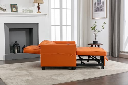 LENA LACED Convertable Futon Chair Bed with USB Ports and Cup Holders, 3-in-1 Design for Living Room, Orange Leather LENA LACED