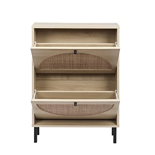 ZeHuoGe Natural Rattan Shoe Cabinet with 2 Flip Drawers, Entrance Hallway Free Standing Shoe Racks with Metal Legs for Heels, Slippers (Natural) ZeHuoGe