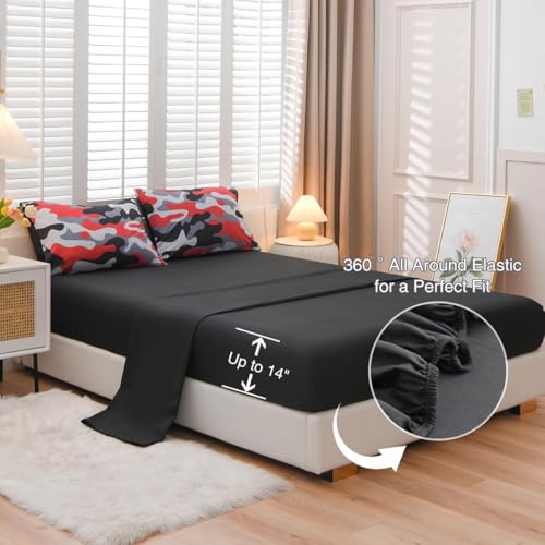 Holawakaka Full Size Camo Bedding Comforter Set with Sheets,Boys Girls Men Camouflage Bed in A Bag 5 Pieces,Kids Teens Dorm Bed Sets Neutral Farmhouse Lodge Cabin Army Bedspread (Red, Full) Holawakaka