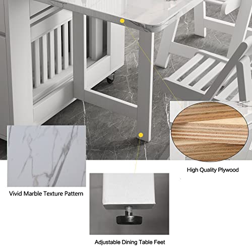 FUNROLUX Folding Dining Table with Rack and 2 Storage Drawers, Movable Extendable Space Saving Kitchen Table in 3 Forms (White) FUNROLUX