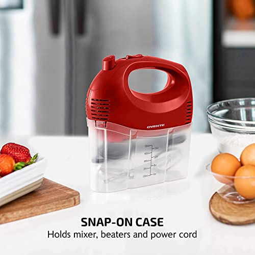 OVENTE Portable 5 Speed Mixing Electric Hand Mixer with Stainless Steel Whisk Beater Attachments & Snap Storage Case, Compact Lightweight 150 Watt Powerful Blender for Baking & Cooking, Red HM151R OVENTE