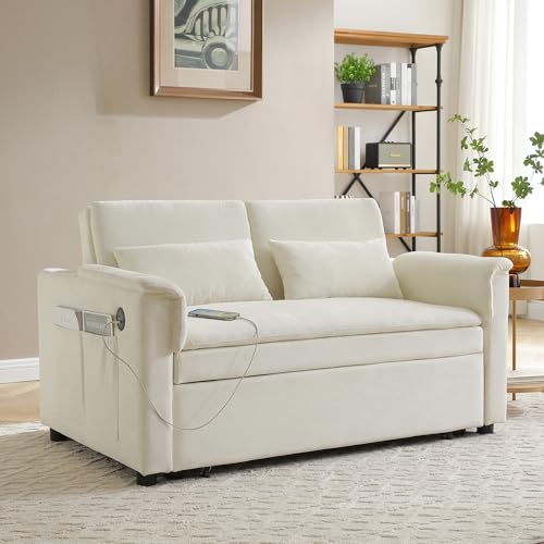 Convertible Loveseat Pull Out Sleeper Sofabed Futon Loveseat Lounge Couch for Living Room 3 in 1 Multi-Functional Pullout Sofa Bed with Reclining Backrest , USB Ports and Side Pockets for Home Office Eafurn
