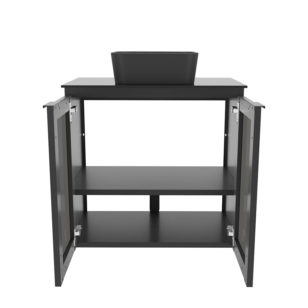 COZIMAX Umbu Combo Black Steel Bathroom Vanity Set 24" with Tempered Glass Countertop and Door, Black Square Ceramic Sink COZIMAX