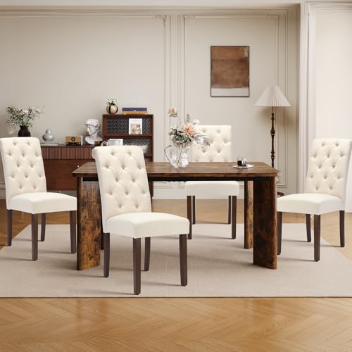 MALOL 7-Piece Rectangular Dining Table Set for 6, 63" Industrial Kitchen Table with 6 Tufted Parsons Dinner Chairs for Dining Room, Kitchen, Living Room, Brown+Beige MALOL