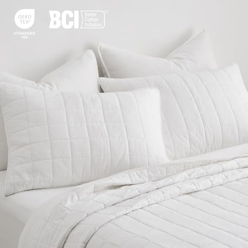 EVERGRACEHOME 100% Cotton Box Stitch Quilt Bedding Set King Size 3 Pieces, Garment-Washed Lightweight Soft Cozy Coverlet, Oversized Quilted Bedspread Sets with 2 Shams for All Season, Bright White EVERGRACEHOME