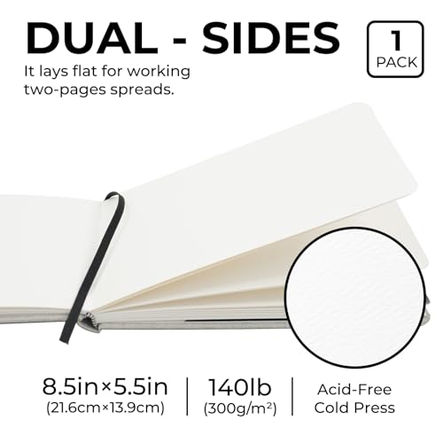 Funto Watercolor Journal, 8.5x5.5, 48 Pages, Cold-Pressed, Inner Paper Pocket and Elastic Band, Art Supplies for Mixed Media Funto