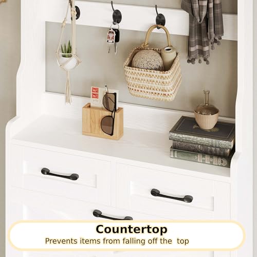 IRONCK Shoe Cabinet with 3 Flip Drawers & Coat Rack, Freestanding Wood Shoe Storage Organizer for Entryway, Hidden Narrow Shoe Rack Cabinet Organizer for Hallway Living Room, 2 in 1 Hall Tree White IRONCK