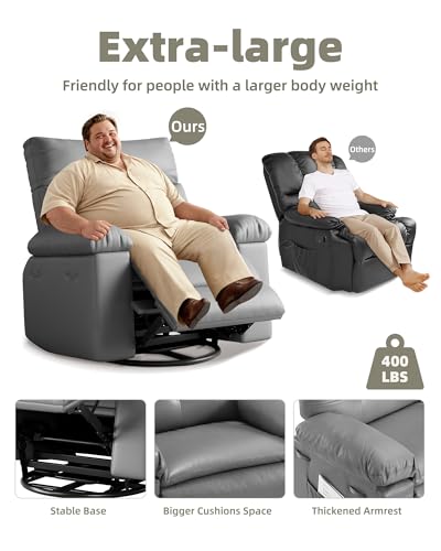 GarveeHome Oversized Leather Recliner Chair, Swivel Rocker Manual Recliner for Adults, Lazy Rocking Chair with Comfort Arms and Back Single Sofa for Living Room