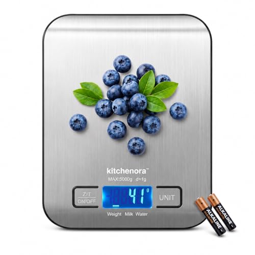 KitchenOra Digital Food Kitchen Scale, 11lb/5kg Capacity with 1g Precision, 5 Units (g/oz/lb:oz/ml/fl'oz), 304 Stainless Steel Surface, Backlit LCD, Tare Function for Cooking, Baking, Keto & Meal Prep