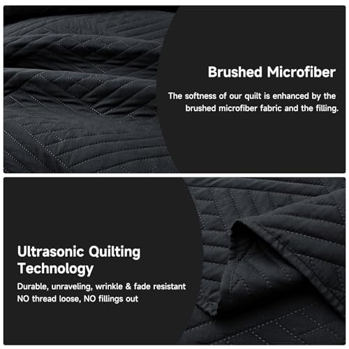 Lavsiry Black Quilt Queen Size with Striped Pattern, Lightweight Soft Summer Thin Microfiber Bedspread & Coverlet Bedding Set for All Seasons - 3 Piece(1 Quilt, 2 Pillow Shams) Lavsiry