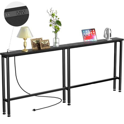 Keelian 70" Narrow Console Sofa Table with Power Outlets & 2 USB Ports, Metal Frame, Black, Perfect for Hallway, Office, and Behind Sofa - Easy Assembly, 4.9' Extension Cord Included