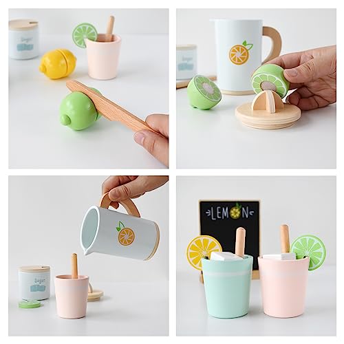 PairPear Wooden Toys Lemonade Playset,Kids Play Food Pretend Play Lemonade Stand Kit,Play Kitchen Grocery Maket Acessories Gift for Toddler Girls and Boys 3 Years+ PairPear