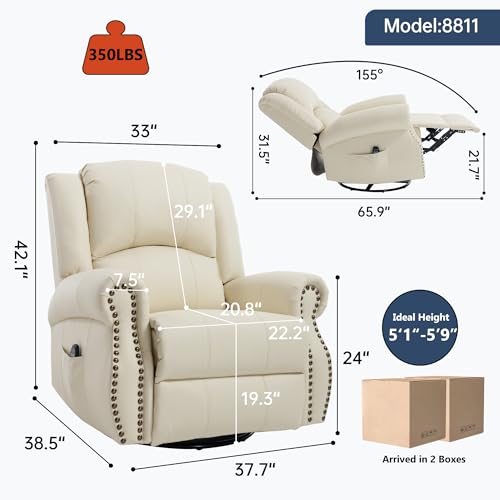 Montary Heavy Duty Manual Lift Recliner Chair with Heat Massage, Adjustable Footrest, Rocker & Swivel, Lay Flat Function in Breathable Leather Reclining Sofa Chair (White) Montary
