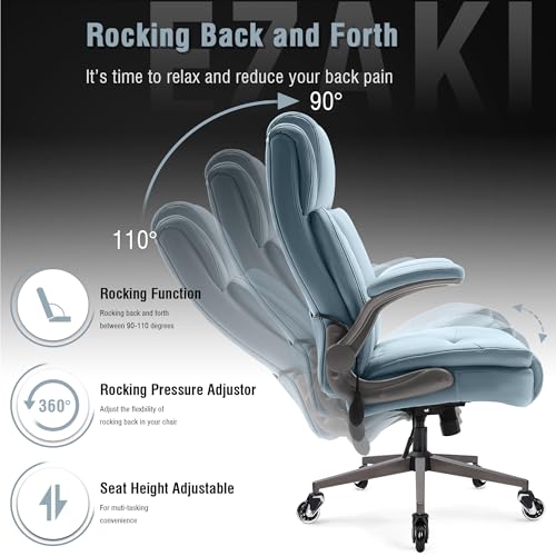 Large High Back Office Chair - Adjustable Lumbar Support Flip Up Arms Heavy Duty Quiet Wheels Metal Base Breathable Bonded Leather Ergonomic Executive Computer Desk Chair with Storage Bags, Blue HAMAOKA