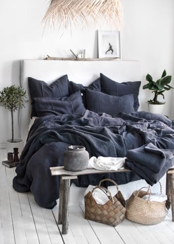 Ghasiram Textiles, Graphite Blue Linen Bedding Set - Duvet Cover & 2 Pillowcases - King Queen Full Double Twin Single - Anthracite Gray Blue Washed Soft Linen (Queen XL 90x98) Generic