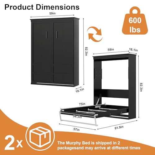 CFITCER Murphy Bed Full - Space Saving Wall Murphy Bed Full Convertible Hidden Bed for Small Apartments, Guest Rooms, Home Offices and Dens.(Mattress not Included) (Black) CFITCER