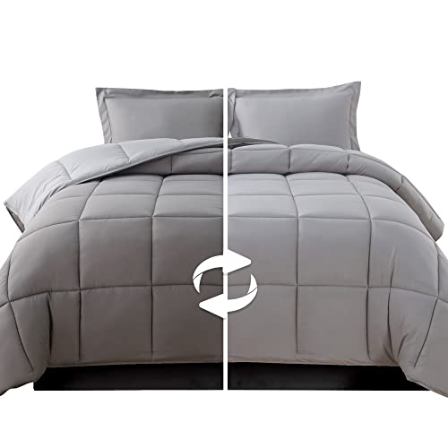 Elegant Comfort 3-Piece Reversible Comforter Set, All Season Cozy, Soft Down Alternative, Quilted - Box Stitched - Duvet Insert with 4 Corner Tabs, Comforter with Shams, Twin XL, Gray/Silver Elegant Comfort