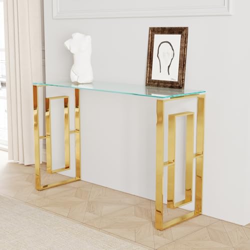 Glass Console Table, Modern 47.2'' Entryway Table, Glass Top with Stainless Steel Base, Metal Hallway Narrow Sofa Table Suitable for Entrance, Living Room(Gold) Sunitar