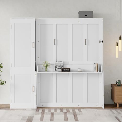 DNChuan Queen Size Horizontal Murphy Bed with Desk and Convertible Wardrobe, Foldable Wall Bed with Cabinet Built-in Doors, Charging Station, Space Saving, White DNChuan