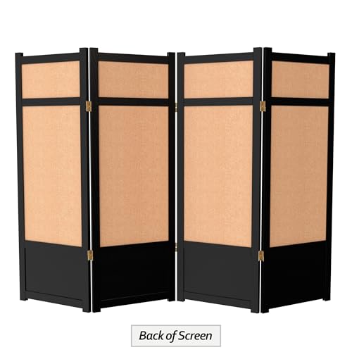 4 ft. Short Low Jute Shoji Screen - 4 Panel - Black Red Lantern