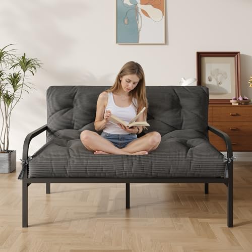 Furnify 6" Futon Mattress Queen Size, Futons Sofa Couch Bed with Straps, Thick Corduroy Fabric Floor Mattress for Adults, Foldable Mattress with Shredded Foam Filling (Frame Not Included), Grey Furnify