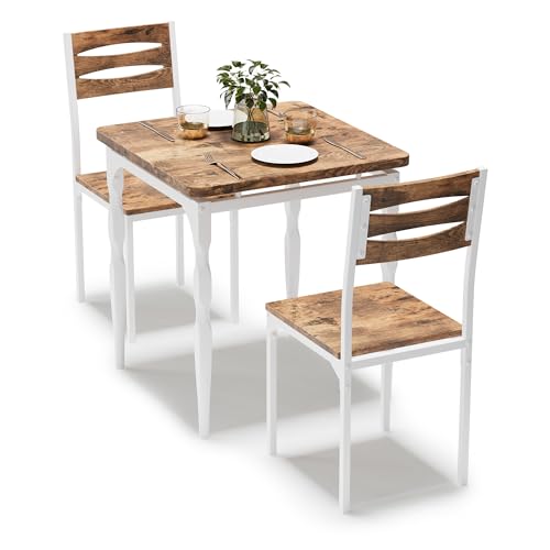 GarveeHome Dining Table Set for 2, Dining Table and Chairs Set of 2, 3 Piece Dining Table Set with Spiral Table Legs for Small Spaces, Kitchen, Apartment, White Brown GarveeHome