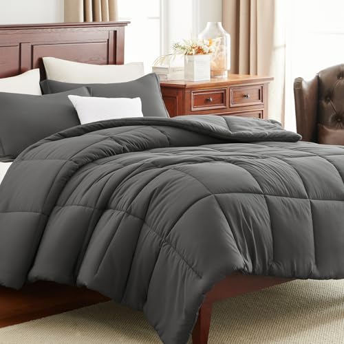 CozyLux Queen Comforter Set - Dark Grey Comforter Queen Size, 3 Pieces Box Stitched Bed Set for All Seasons, Soft Lightweight Bedding Sets with 1 Down Alternative Comforter and 2 Pillow Shams CozyLux