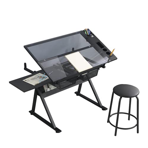 Olela Drafting Desk, Height Adjustable Drafting Table Versatile Art Craft Artists Paintings Storage Work Station with Tilting Temped Glasses Tabletop and Stool (Drawing Table - 1) Olela