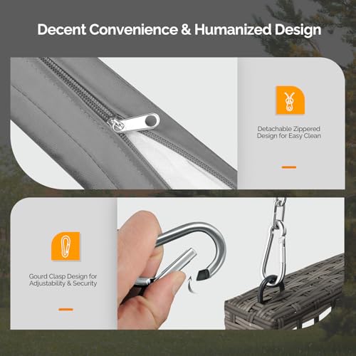 VINGLI 4 FT Rattan Porch Swing Outdoor Support 800 LBS with Cushions & Adjustable Chains, Patio Wicker Swing Bench Chair for Garden, Yard, Lawn, Tree, Grey VINGLI