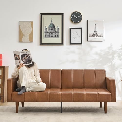 Garvee Modern Futon Sofa Bed, Convertible 75" Sleeper with Adjustable Backrest & Side Pockets, Mid-Century Brown PU Leather Garvee