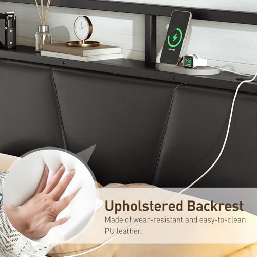 RALGEND Queen Bed Frame with Headboard, LED Upholstered Bed Frame with Charging Station, Metal Platform Bed with Under Bed Storage, No Box Spring Needed, Noise Free, Easy Assembly, Black RALGEND