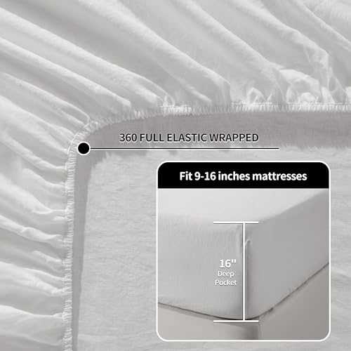 LBRO2M 100% Linen Sheet Set King Size, Bed Sheets 4 Piece Sets, Solid Color Natural Flax Bed Sheets Soft Breathable Bedding, 16" Deep Pocket, All Season (King, White) LBRO2M