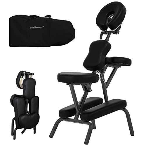Pazidom Portable Massage Chair - Tattoo Chair with 4 Inch Thick Sponge, Height Adjustable, Light Weight, Foldable Spa Chair w/Face Cradle & Carrying Bag, Load Capacity 250LBS, Black Pazidom