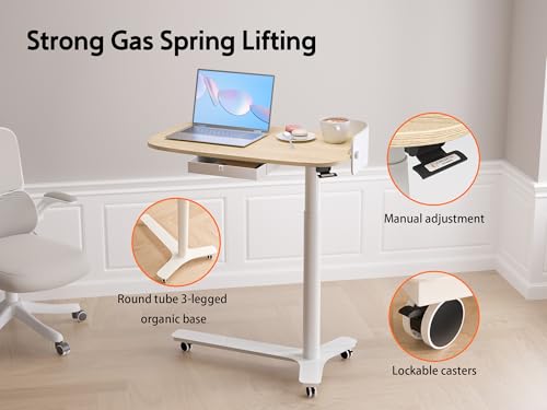 KINGSMITH Rolling Desk Adjustable Height with Drawer and Wheels, Portable Small Standing Desk Pneumatic for Home Office, Mobile Computer Laptop Desk Cart, Medical Sofa Overbed Table, Oak KINGSMITH