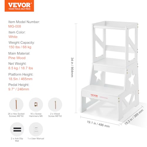 VEVOR Toddler Step Stool, Natural Pine Wood Kids Kitchen Stool Helper with Safety Rail, Standing Tower Learning Stool for Bedroom Bathroom Kitchen Counter, 150LBS Loading Capacity, White VEVOR
