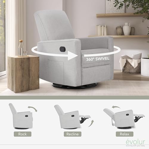 Evolur Raleigh Glider in Fog, Upholstered Plush Seating 360° Swivel Glider Rocking Chair, FSC Certified, Greenguard Gold & JPMA Certified Nursery Glider Recliner Evolur