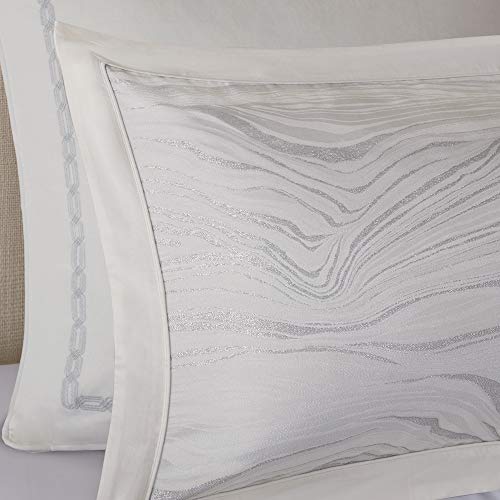 Madison Park Signature Glam Cozy Comforter Set - All Season Bedding Combo Filled Insert and Removable Duvet Cover, Shams, Decorative Pillows, Metallic White King(110"x96") 10 Piece Madison Park